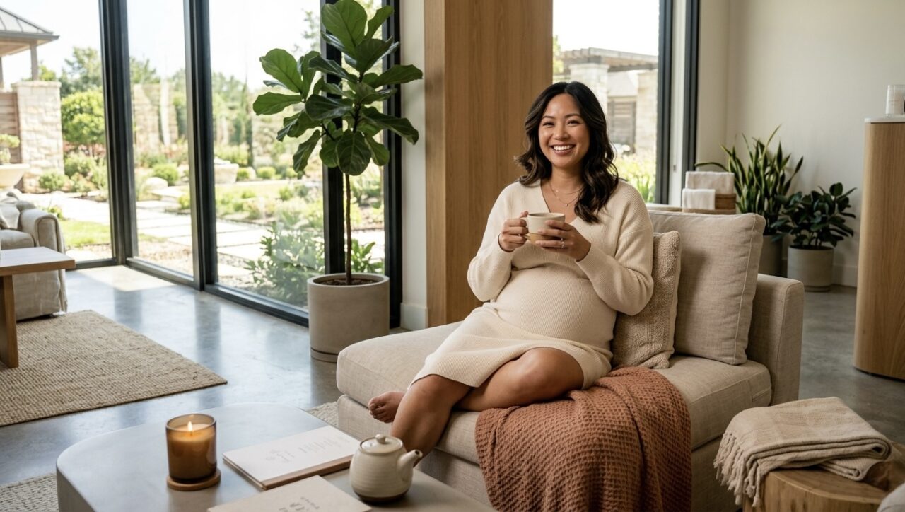 Happy pregnant Asian woman at Cedar Hill massage spa
