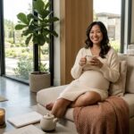 Happy pregnant Asian woman at Cedar Hill massage spa
