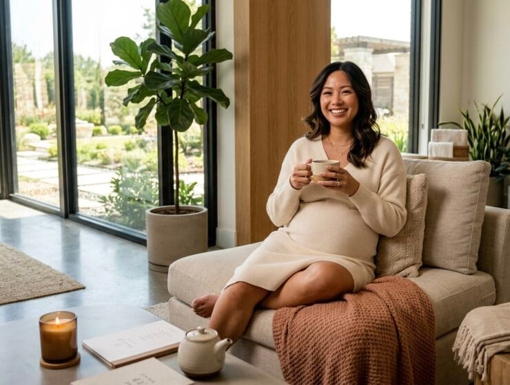 Happy pregnant Asian woman at Cedar Hill massage spa