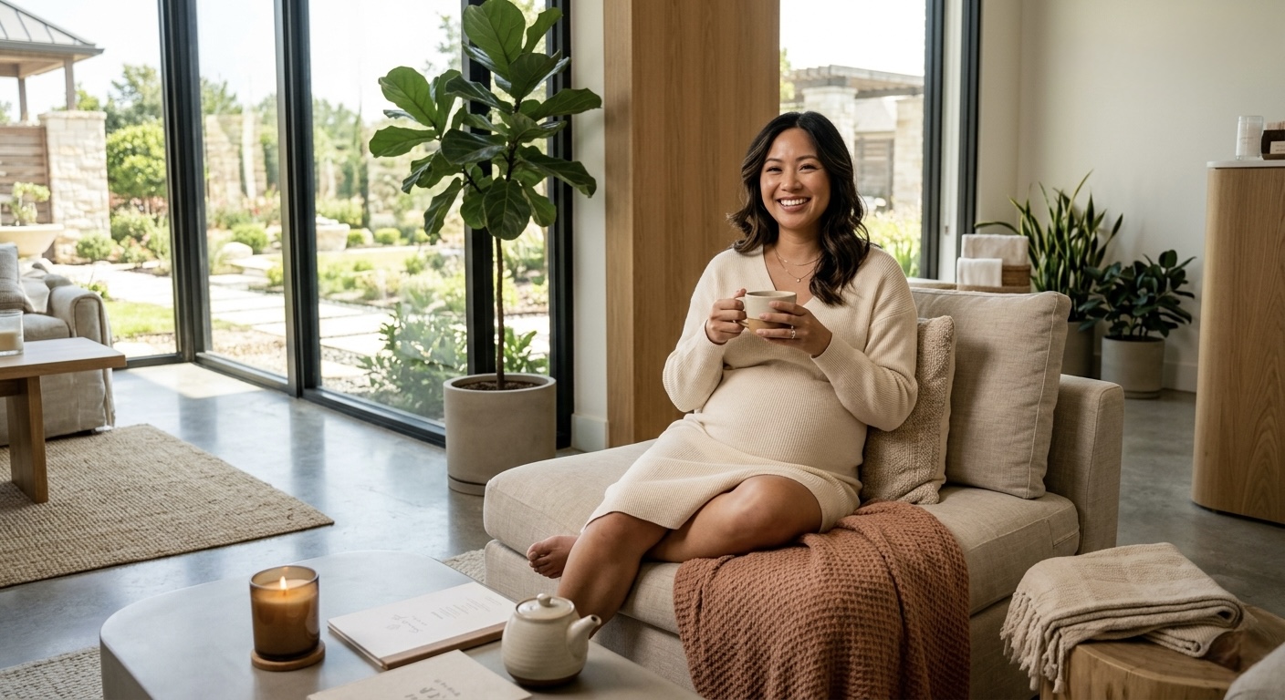 Happy pregnant Asian woman at Cedar Hill massage spa