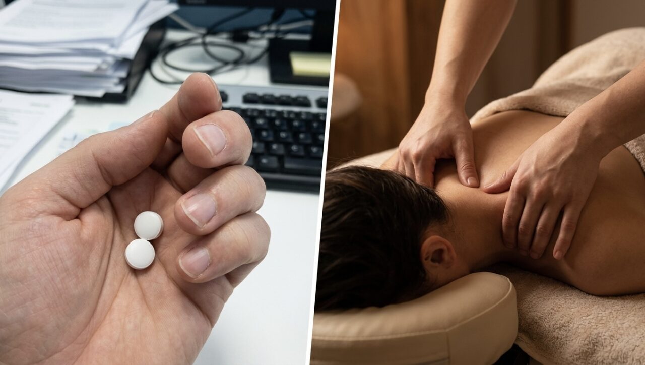 Painkillers vs massage therapy for stress neck pain - pills mask symptoms while hands-on massage releases the root cause