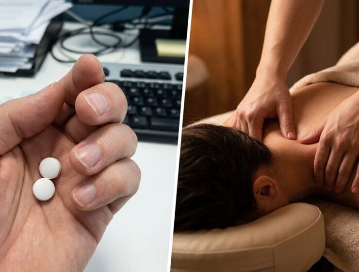 Painkillers vs massage therapy for stress neck pain - pills mask symptoms while hands-on massage releases the root cause