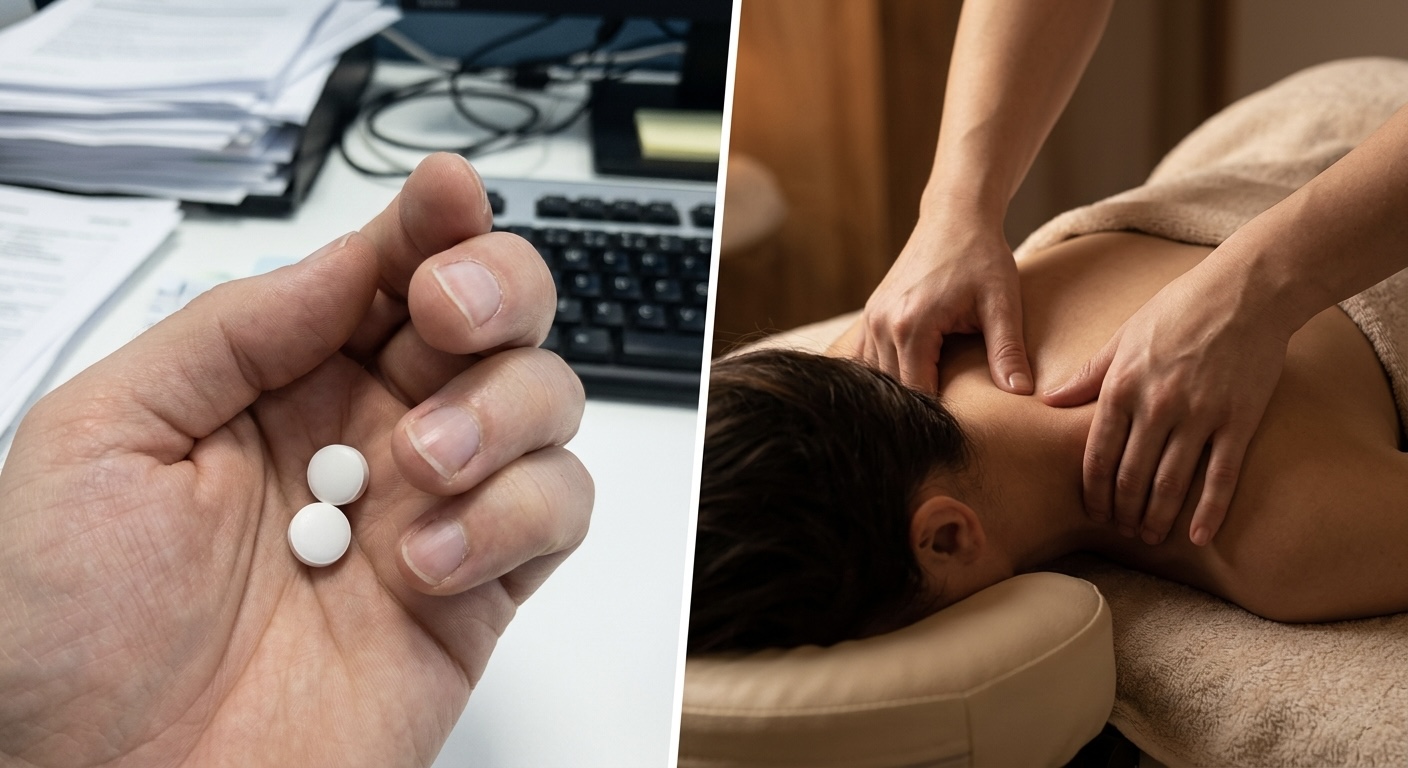 Painkillers vs massage therapy for stress neck pain - pills mask symptoms while hands-on massage releases the root cause