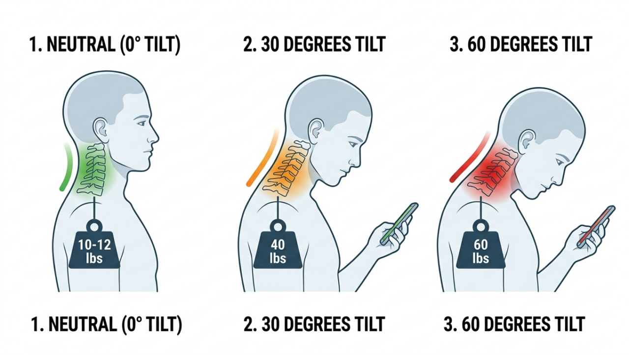 Diagram showing hơ head weight increases from 12 lbs to 60 lbs as neck tilts forward during phone use