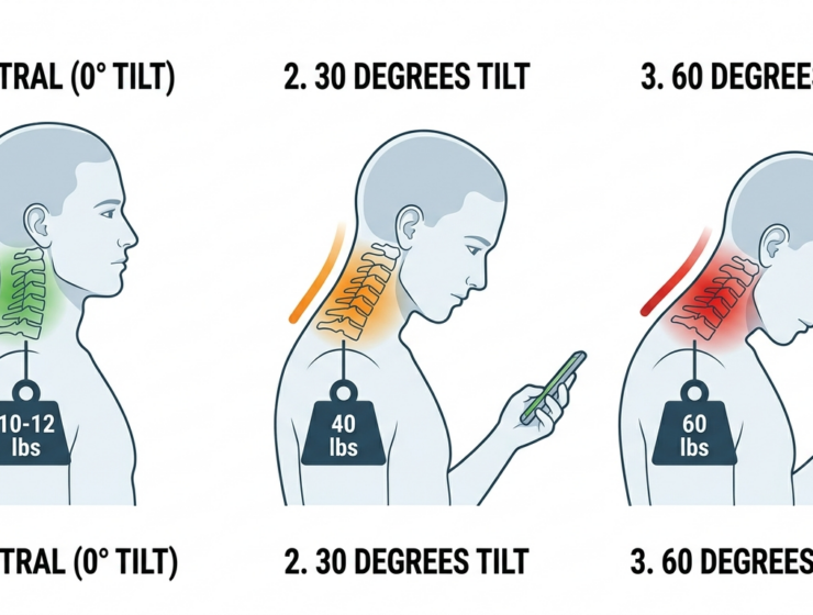 Diagram showing hơ head weight increases from 12 lbs to 60 lbs as neck tilts forward during phone use