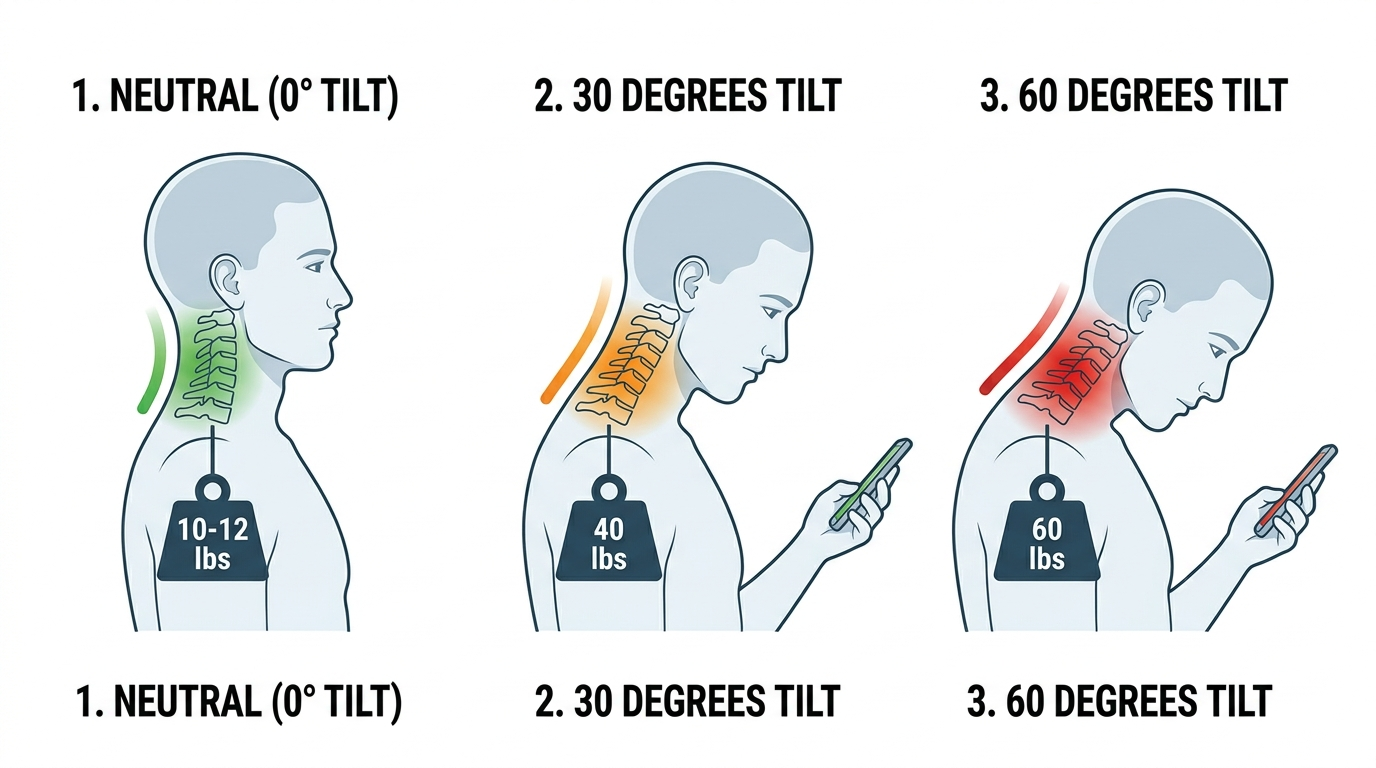 Diagram showing hơ head weight increases from 12 lbs to 60 lbs as neck tilts forward during phone use