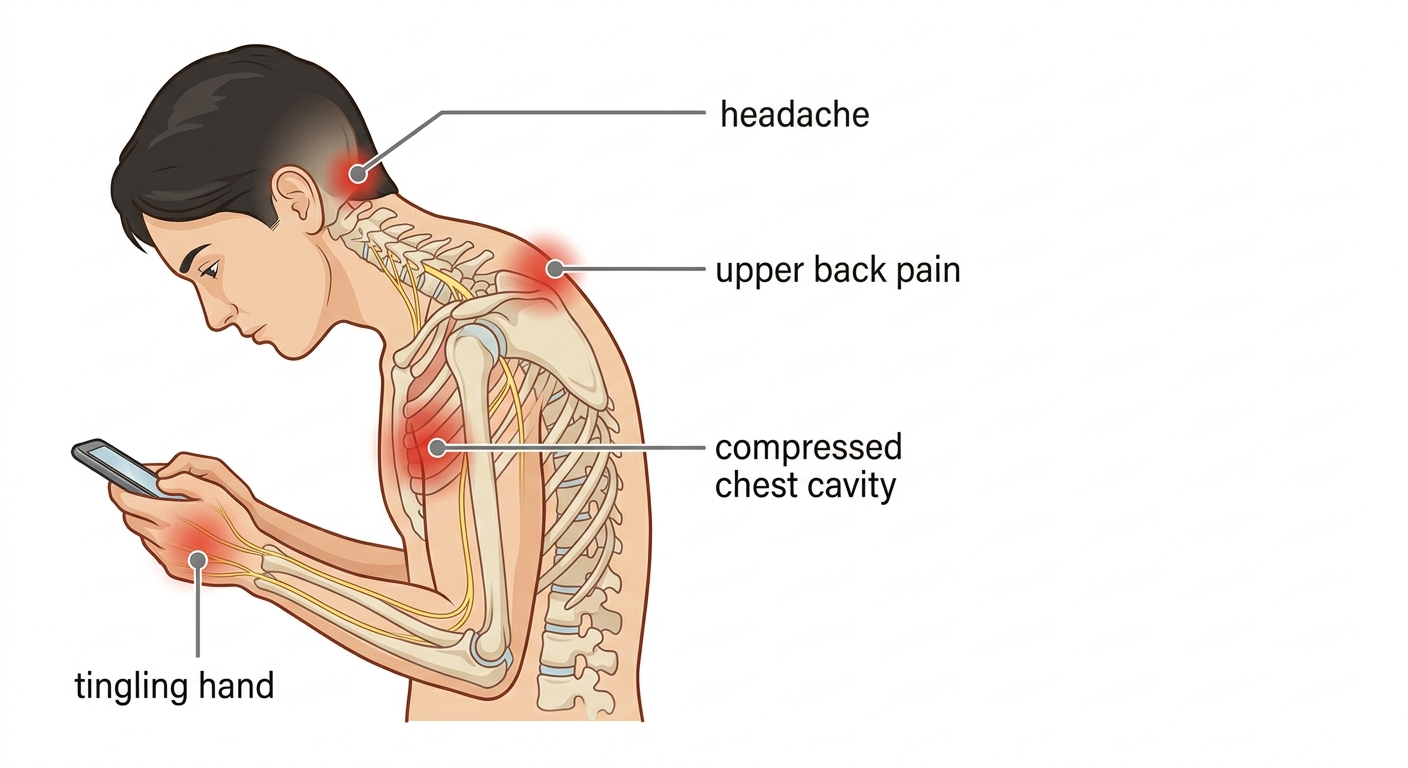 Illustration of tech neck symptoms including tension deadaches, upper back hump, chest compression, and hand numbness