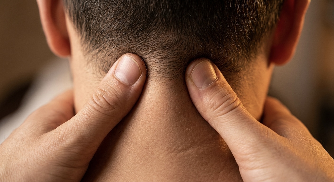 Massage therapist applying thumb pressure to suboccipital muscles at the base of the skull to relieve tech neck tension headaches