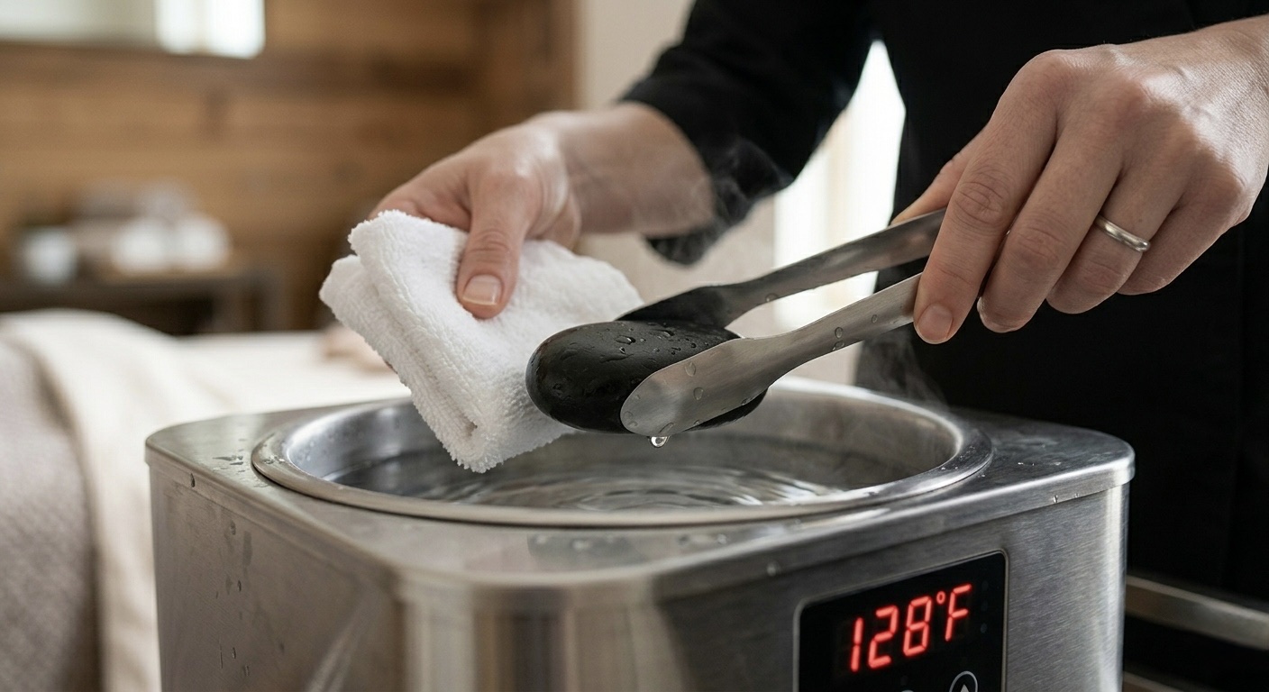 Professional therapist using tongs and a towel to hygienically retrieve a heated Basalt stone from a spa warmer.